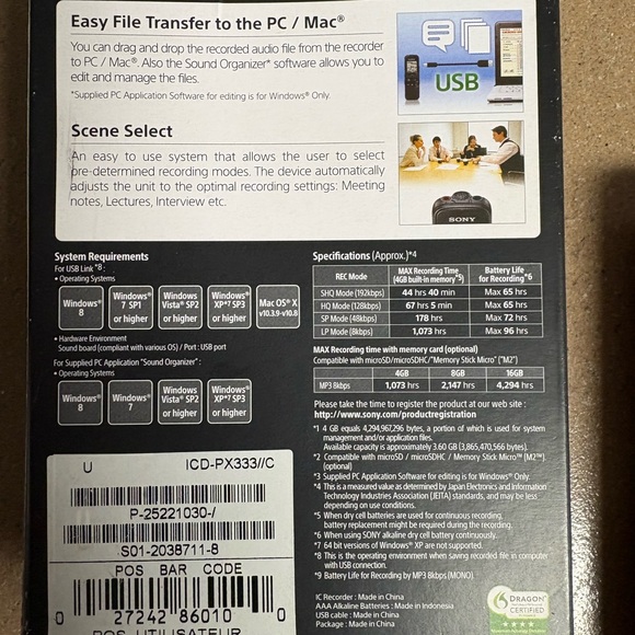 Sony ICD-PX333 Voice Recorder - Black and Silver - Picture 2 of 4